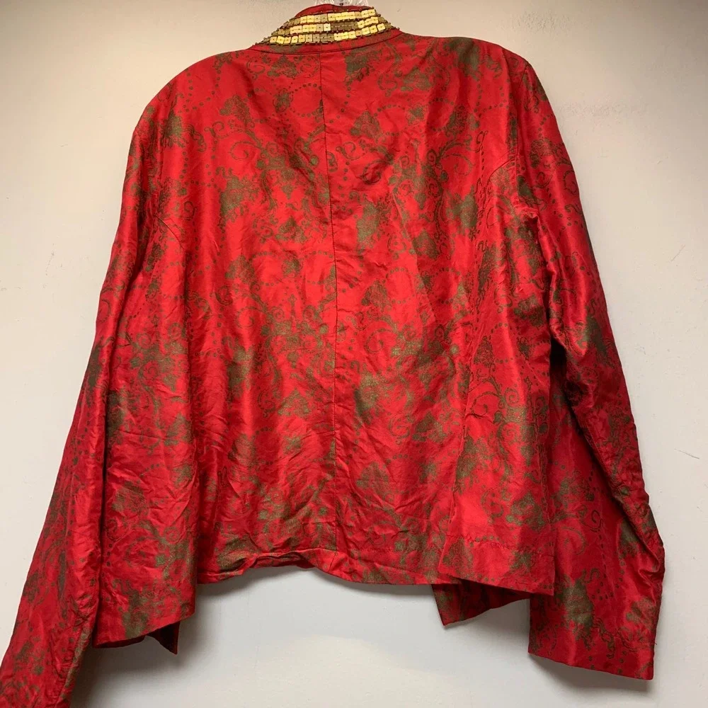 Chico's Silk Jacket Women Size 3 Red Gold Sequin Damask Open Front L/XL 12913